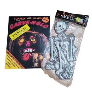 Vintage 80s Halloween Bundle Arkin 22-inch JOINTED SKELETONS Carve N Glo